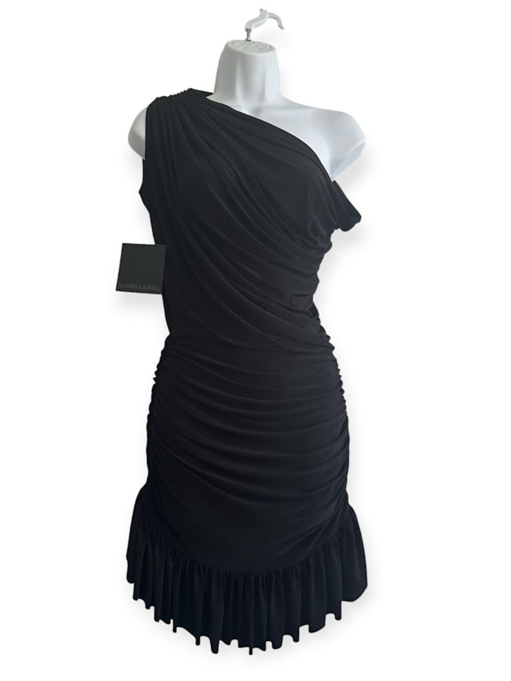 Norma Kamali One Shoulder Peasant Mini Dress, Black, Size S, Built-In Bodysuit